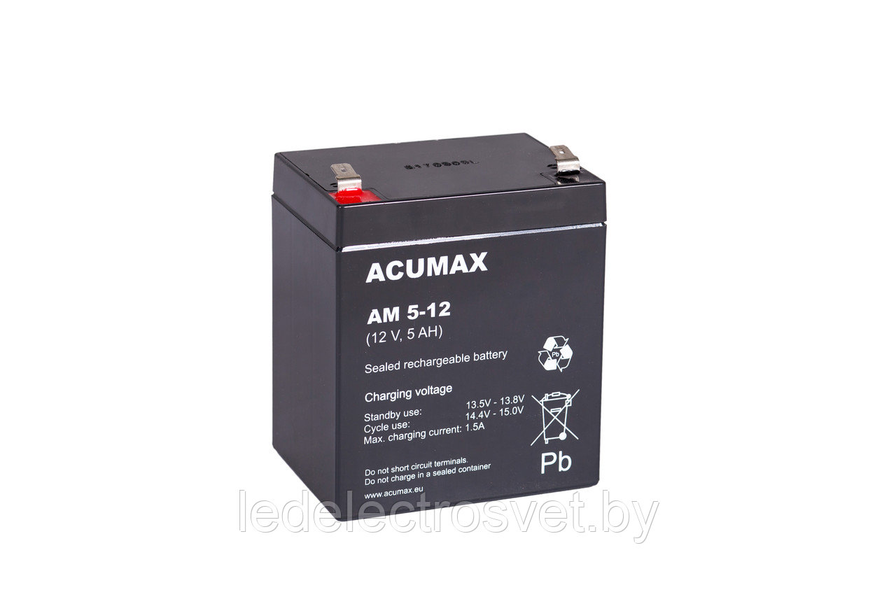 Батарея аккумуляторная Acumax AM5-12, T2, 12V/5Ah, 101(107)x90x70 HxLxW, 1.74kg, 6-9 лет