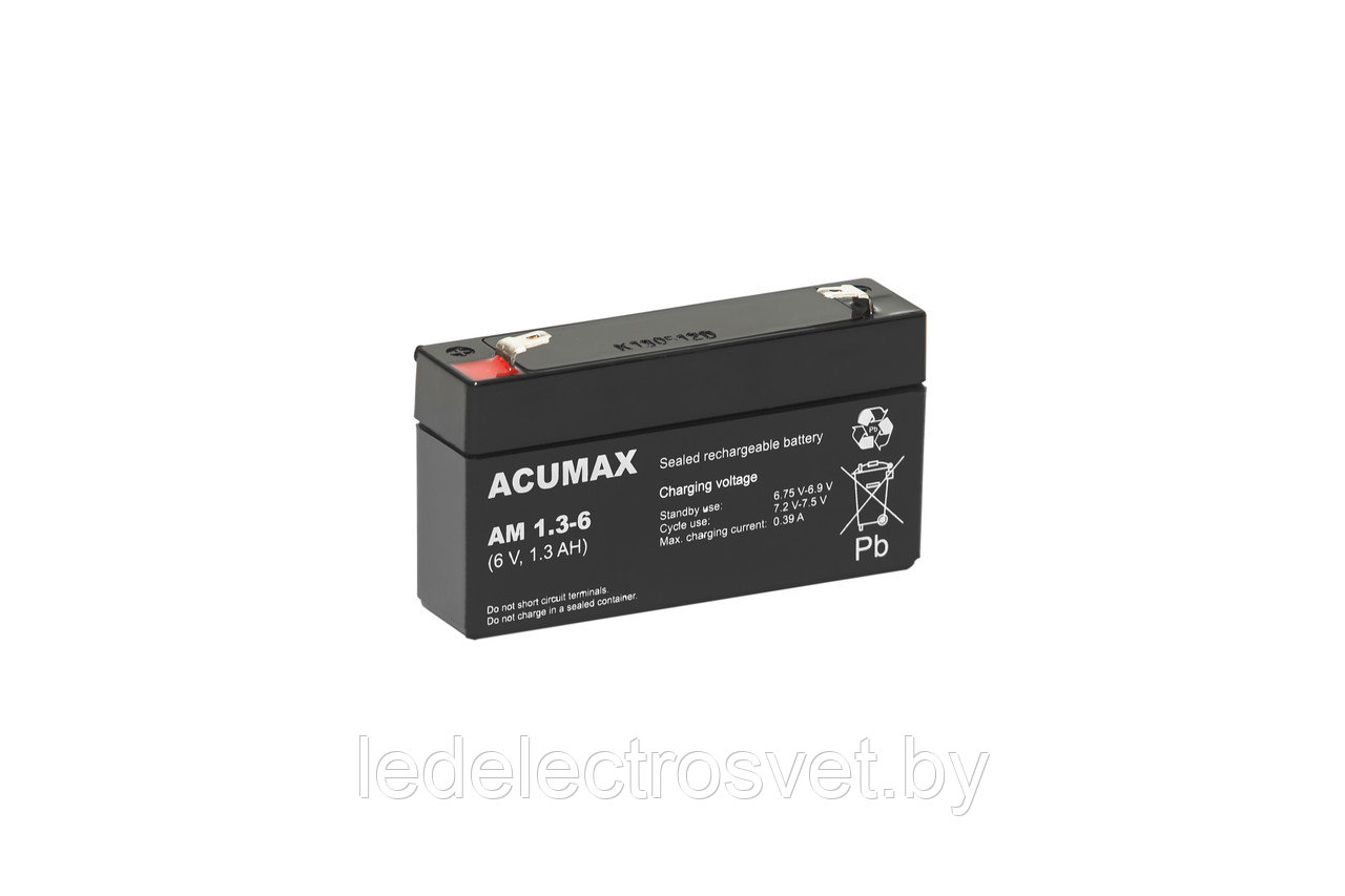 Батарея аккумуляторная Acumax AM1.3-6, T1, 6V/1.3Ah, 52(58)x97x24 HxLxW, 0.28kg, 6-9 лет