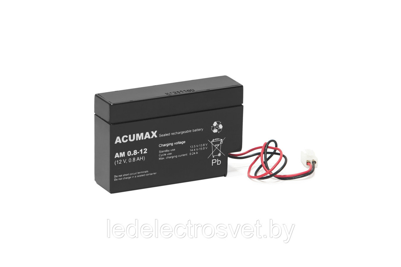 Батарея аккумуляторная Acumax AM0.8-12, 12V/0.8Ah, 62x96x25 HxLxW, 0.35kg, 6-9 лет