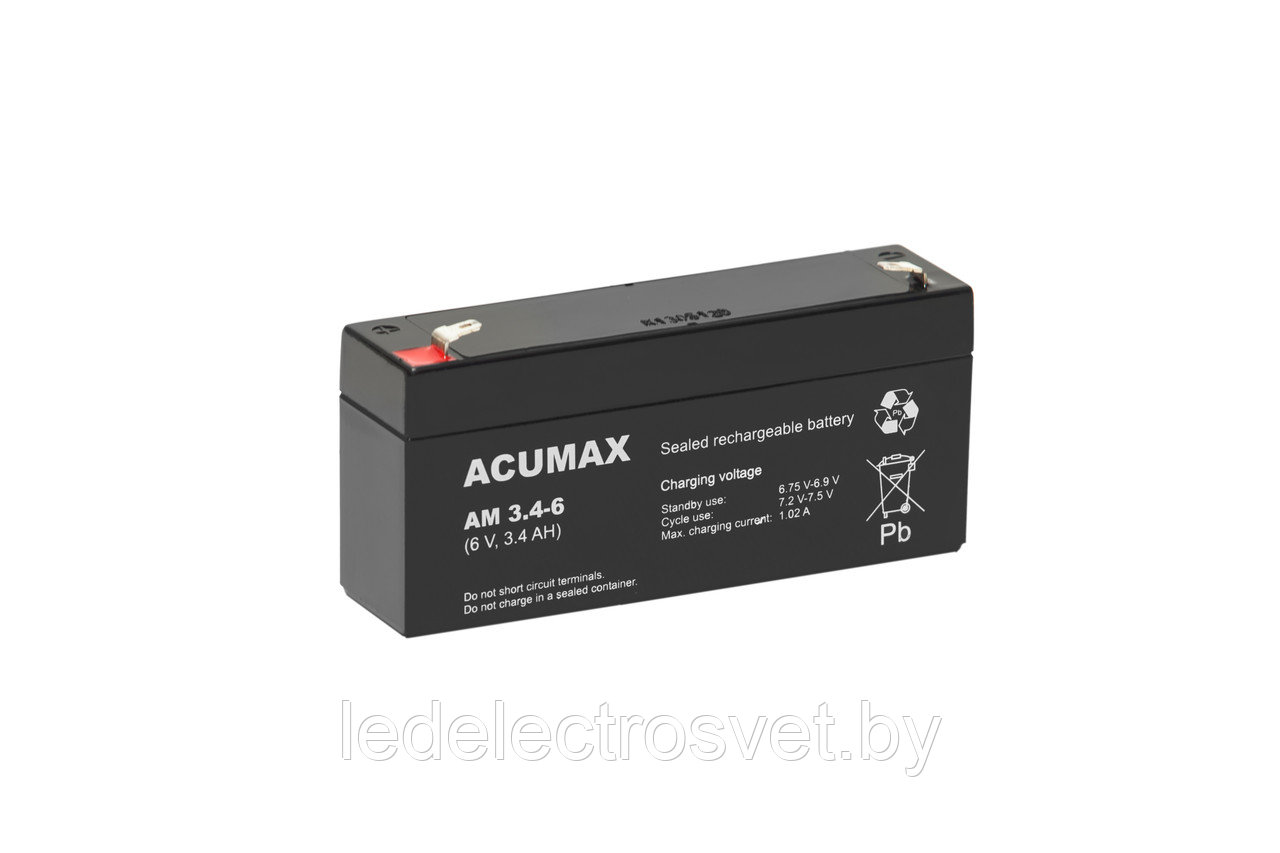 Батарея аккумуляторная Acumax AM3.4-6, T1, 6V/3.4Ah, 60(66)x134x34 HxLxW, 0.67kg, 6-9 лет - фото 1 - id-p151131412