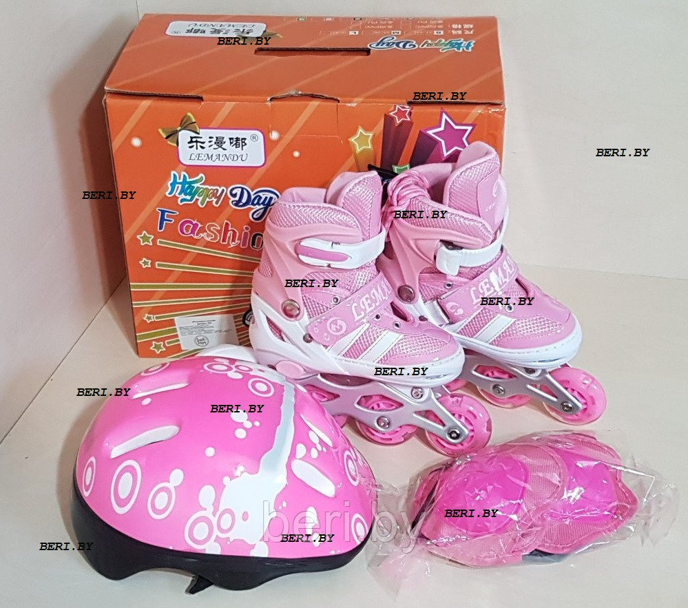Ролики 28-32, роликовые коньки детские с комплектом защиты и шлемом раздвижные, полиуретановые колеса, розовые, фото 1