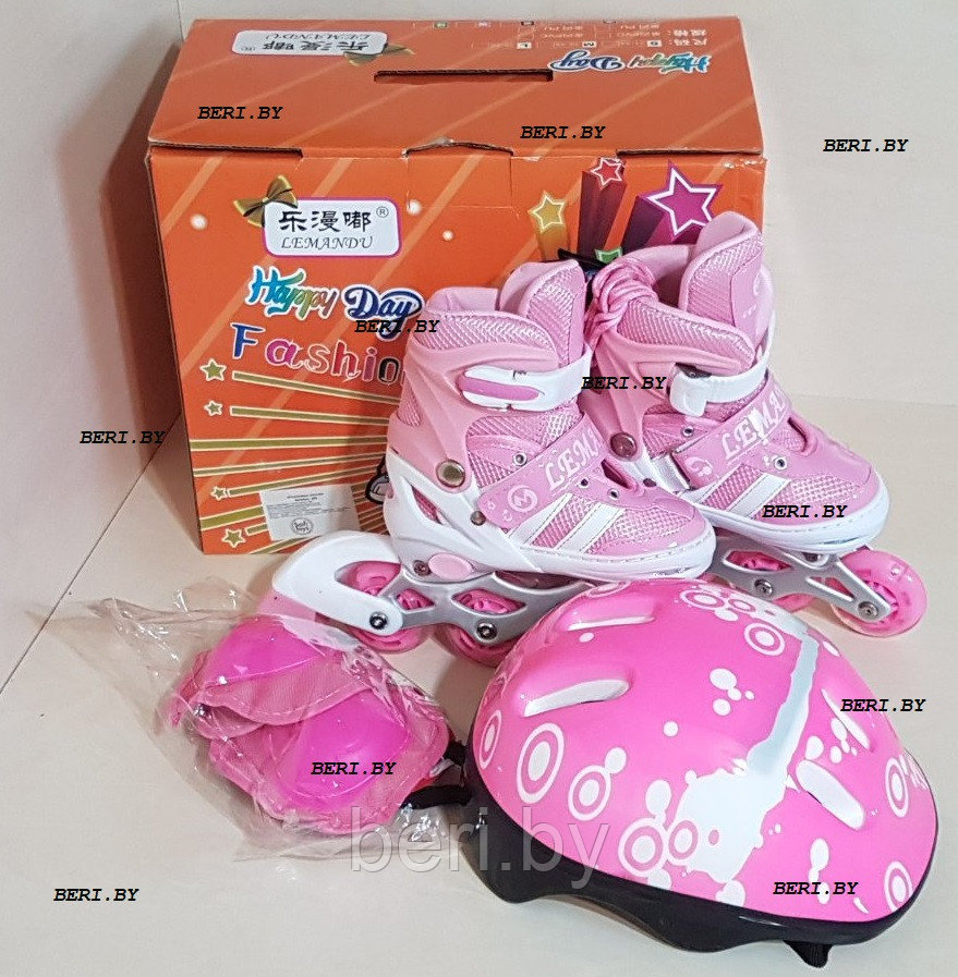 Ролики 28-32, роликовые коньки детские с комплектом защиты и шлемом раздвижные, полиуретановые колеса, розовые - фото 2 - id-p74677500