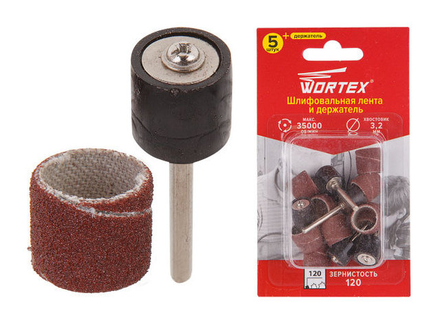 Шлифовальная лента 15 мм, зерно 120 + держатель WORTEX (раб. диам. 15 мм, диам. хвостовика 3.2 мм, зерно 120,, фото 2