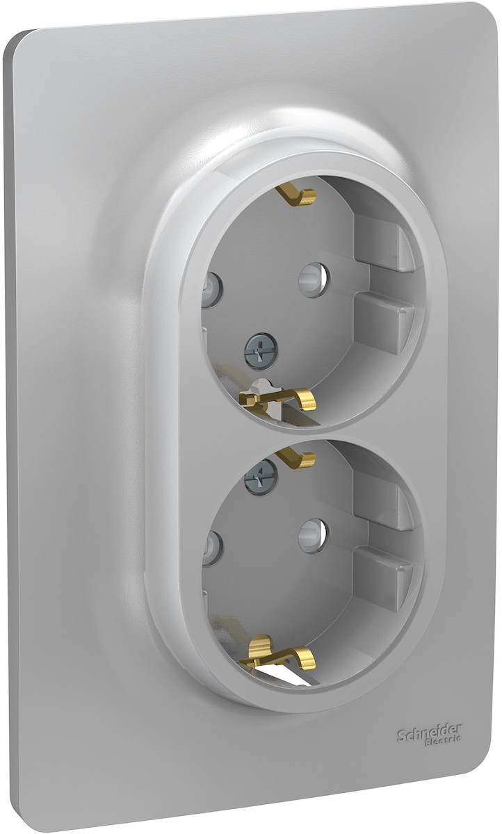 Розетка двойная с заземл. со шторками UNICA NEW Schneider Electric, винтовой зажим, алюминий