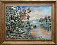 Картина на мраморе, натуральными красками из минералов и камней. Лес и река. Пейзаж Беларуси