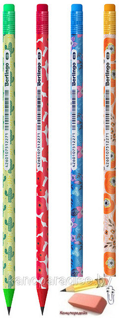 Карандаш чернографитный Berlingo Flowers, HB, пластиковый, заточенный, с ластиком