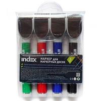 Набор маркеров для маркерной доски в PVC-пенале, с магнитом и губкой, 4 цвета, INDEX