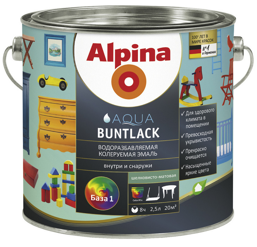 Эмаль Водоразбавляемая колеруемая  (Alpina Aqua Buntlack) 2.5 л.
