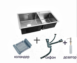 Новая дизайнерская кухонная раковина с двойной чашей 780*430*220 Gerhans с коландером и дозатором, фото 2