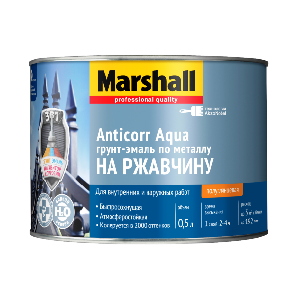 Грунт-эмаль 3в1 MARSHALL Anticorr Aqua 0,5л база для насыщ.тонов BC