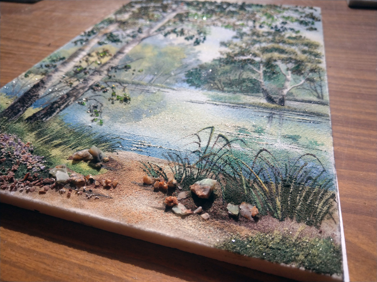 Картина на мраморе, натуральными красками из минералов и камней. Озеро и лес - фото 4 - id-p151914975