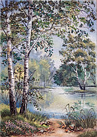 Картина на мраморе, натуральными красками из минералов и камней. Озеро и лес