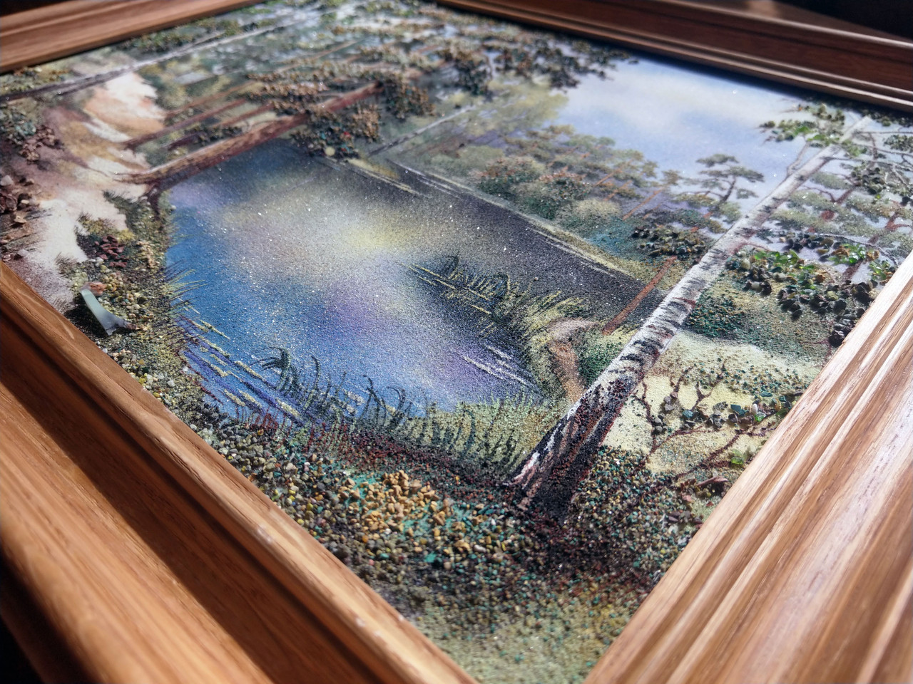 Картина на мраморе, натуральными красками из минералов и камней. Лес и озеро - фото 4 - id-p151915596