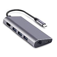 Адаптер - переходник - хаб 8in1 USB3.1 Type-C на HDMI - 3x USB3.0 - RJ45 (LAN) до 1000 Мбит/с - картридер