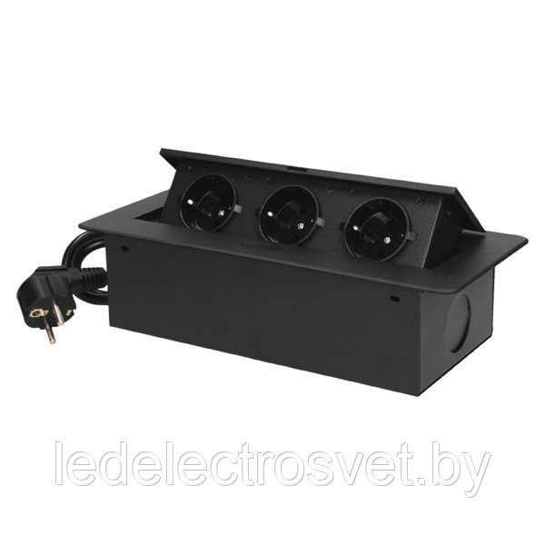 Блок розеточный встраиваемый 3x2P+E со шторками, кабель 1,5m, 3600Вт, металл, черный - фото 4 - id-p152129615