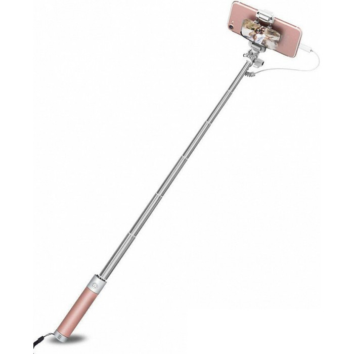 Монопод для селфи с зеркалом Rock Mini Selfie stick with wire control & mirror (pink) - фото 2 - id-p152177306