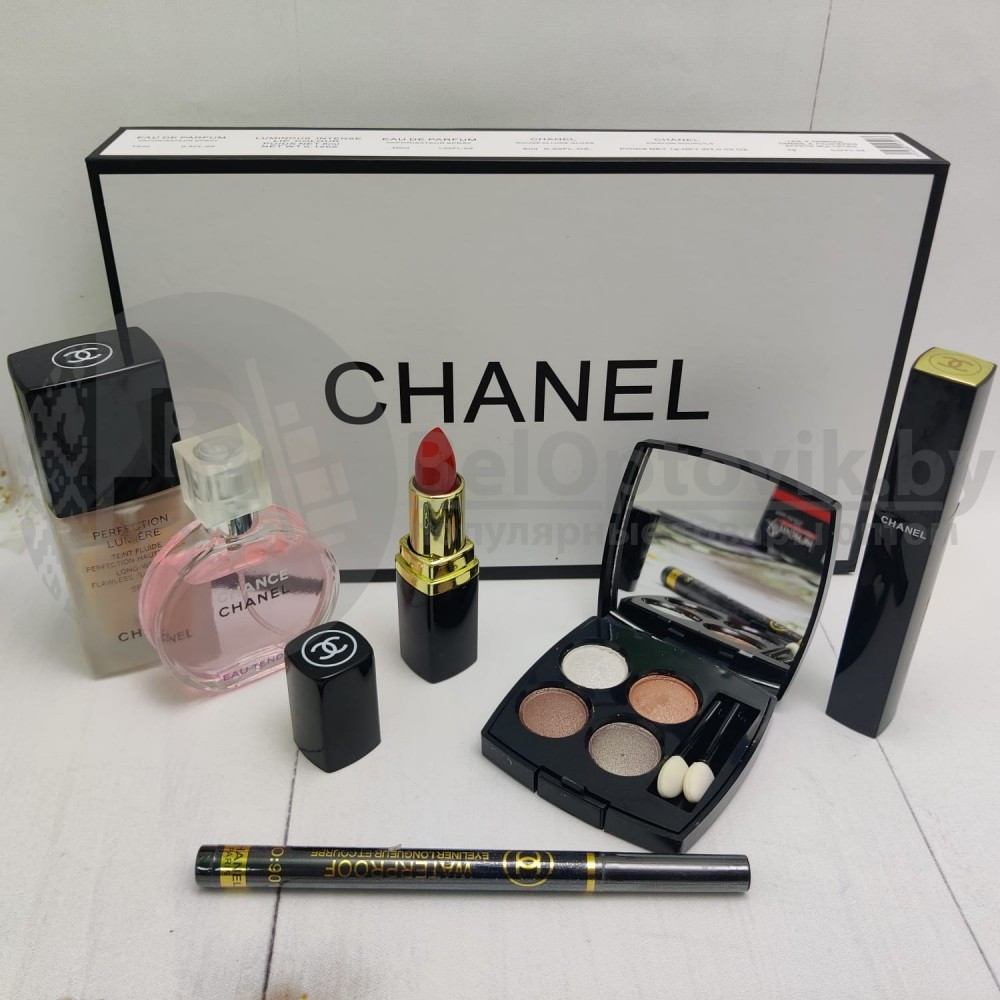 Подарочный набор CHANEL 6 в 1 (туал.вода Chance, тени запечатанные, тушь, помада, тональный крем, подводка) - фото 4 - id-p93844964