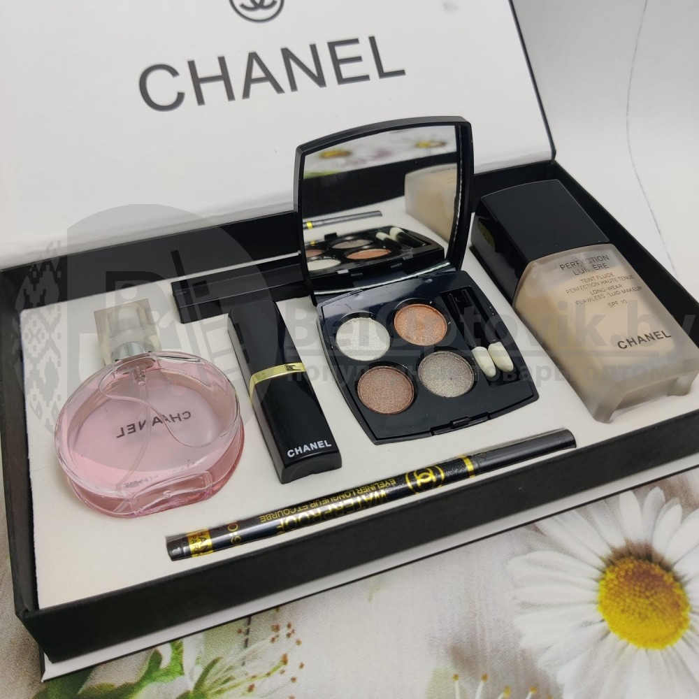 Подарочный набор CHANEL 6 в 1 (туал.вода Chance, тени запечатанные, тушь, помада, тональный крем, подводка) - фото 3 - id-p109390079