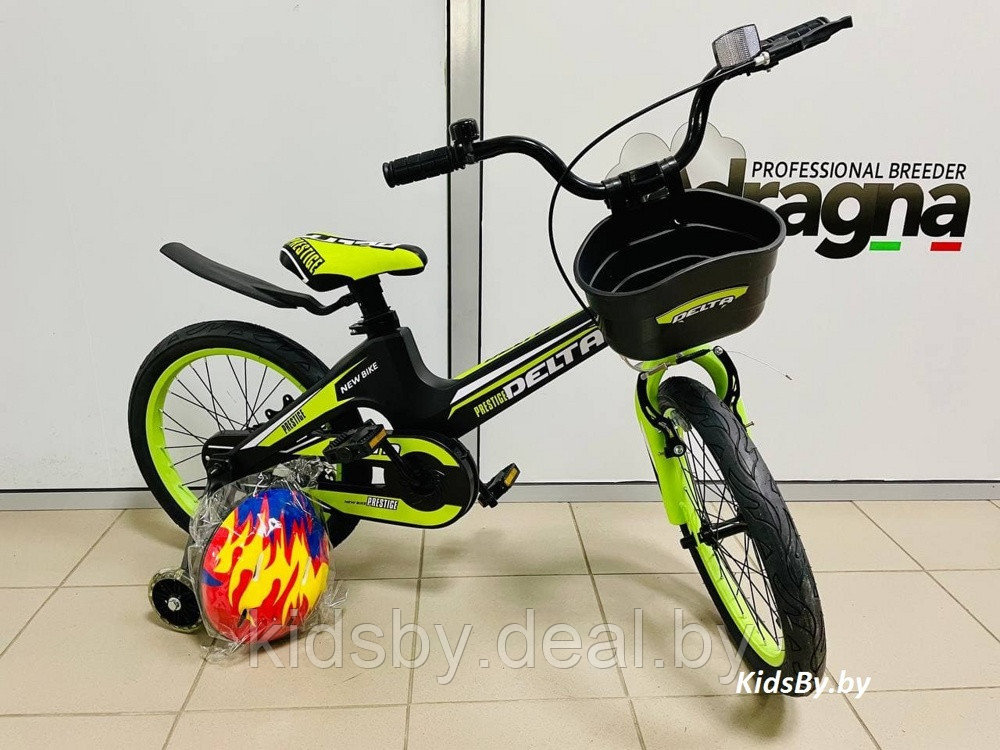 Детский велосипед Delta Prestige 18 2020 (с шлемом, черный/зеленый) с магниевой рамой и обычными спицованными - фото 2 - id-p153183254