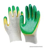 Перчатки рабочие облитые (желто-зеленые) с 2-слойным латексным покрытием, 13 класс