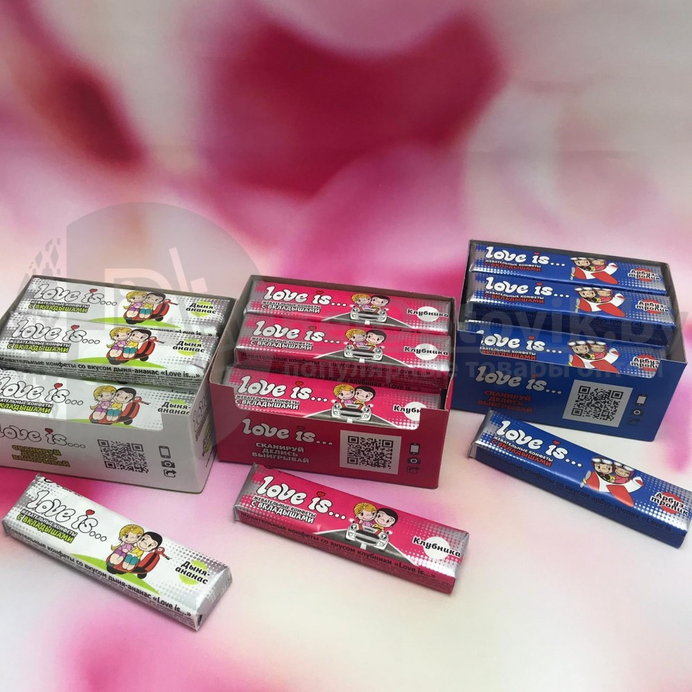 Уценка Блок жевательных конфет с вкладышами Love is..(12 пластин по 5 конфет в каждой. всего 60 конфет) - фото 2 - id-p153788225