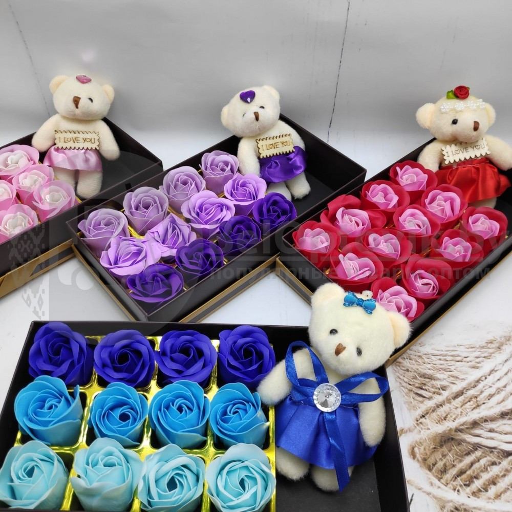 Подарочный набор 12 мыльных роз Мишка Голубые оттенки - фото 3 - id-p153788780