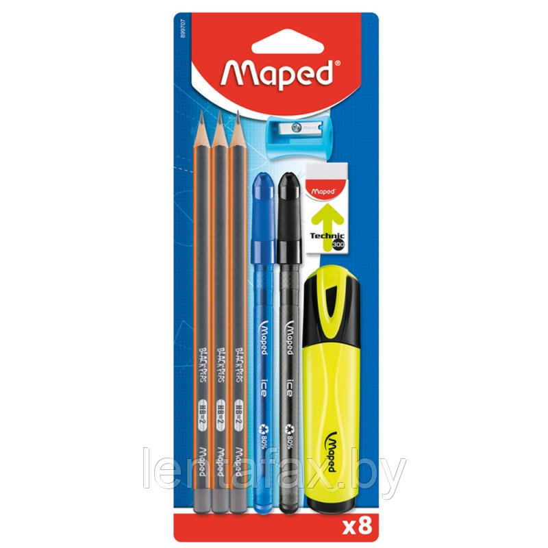 Набор карандашей простых+ластик+точилка+ручка шариковая+маркер текстовый блистер, Maped