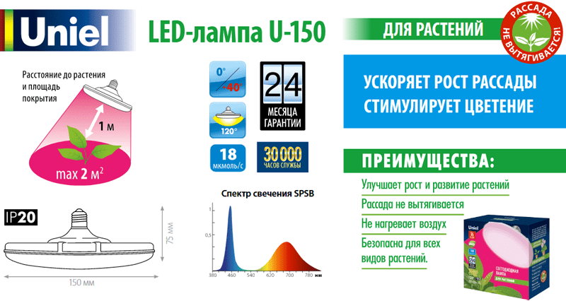 Лампа светодиодная для растений Uniel LED-U150-16W-SPSB-E27-FR PLP30WH - фото 3 - id-p153949160