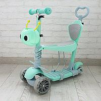 4110 Самокат Scooter 5 в 1 с ПОДНОЖКОЙ и родительской ручкой, розовый и бирюзовый