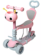 4110 Самокат Scooter 5 в 1 с ПОДНОЖКОЙ и родительской ручкой, розовый и бирюзовый