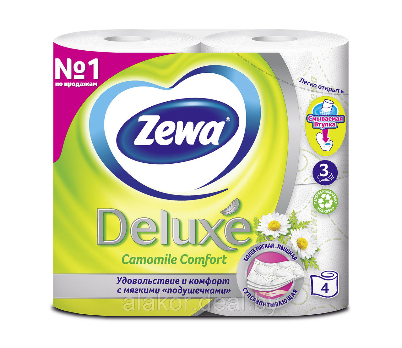 Бумага туалетная, трехслойная, белая, аромат ромашки, «Zewa Deluxe» (4рул./уп. ) - фото 1 - id-p154308763