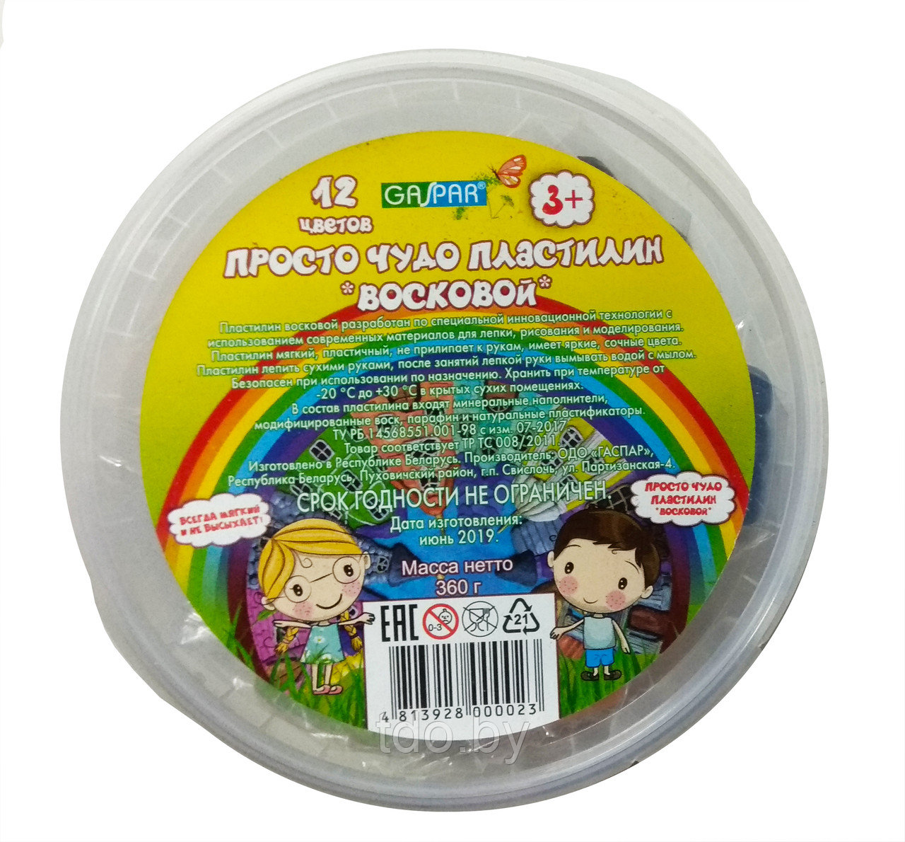 Пластилин восковой 12 цв. 360 г, пластиковое ведерко