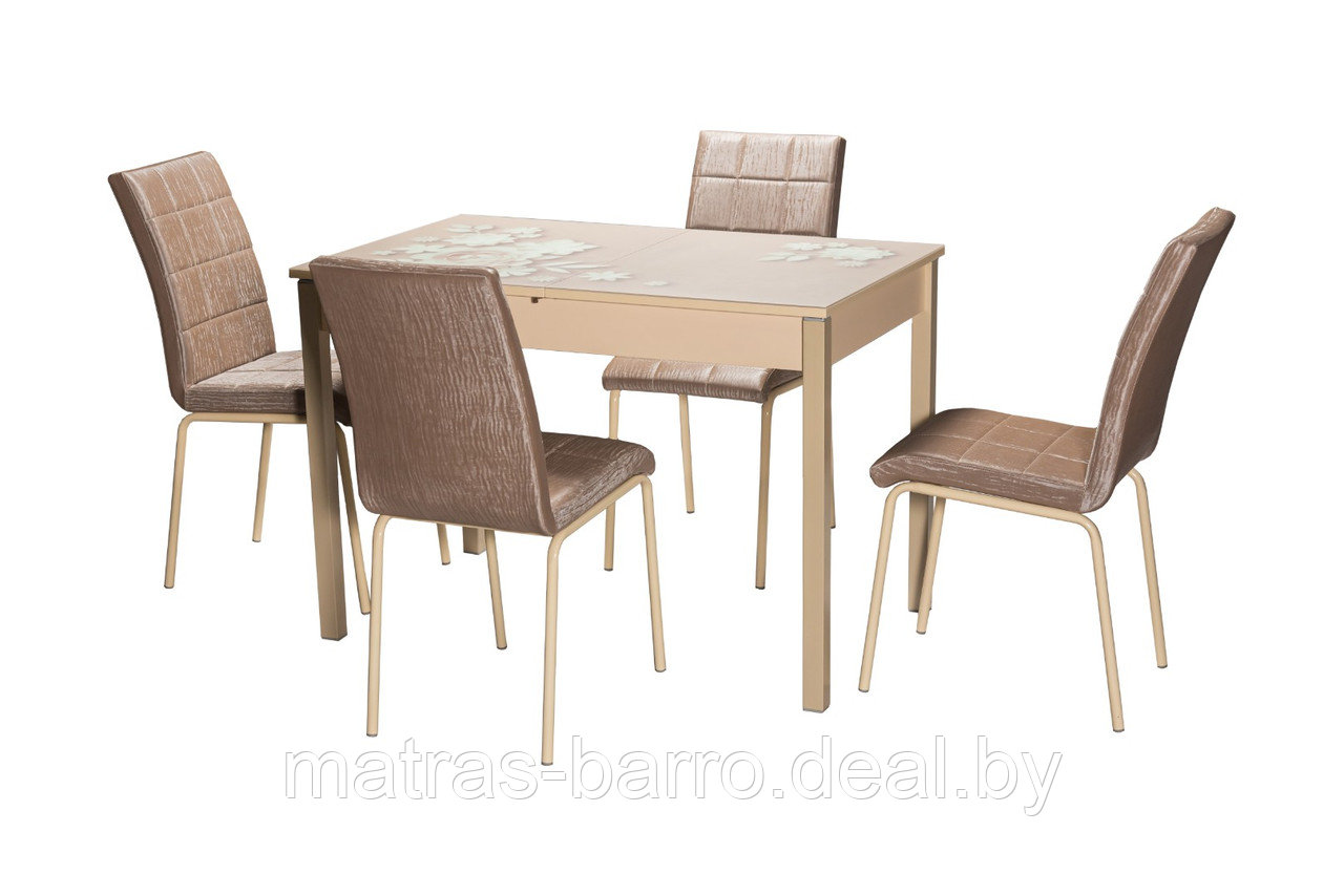 Обеденная группа: стол Бристоль М82 с фотопечатью Кофе-цветы со стульями Эмполи (экожа Бенгал бежевый) - фото 1 - id-p154414266