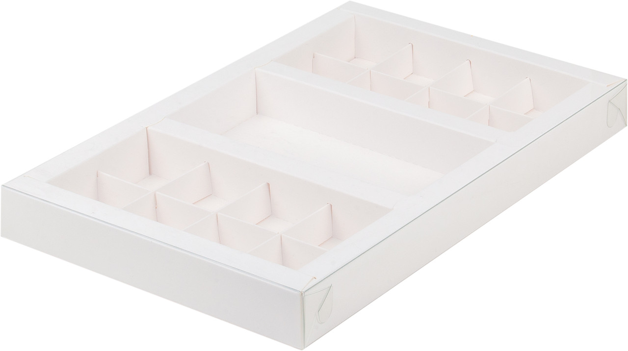 Коробка для 16 конфет и шоколадной плитки с пластиковой крышкой Белая, 300х195х h30 мм