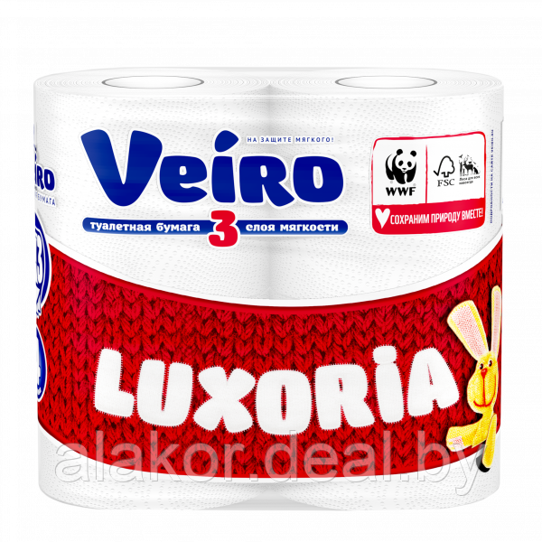 Бумага туалетная, трехслойная, белая, без аромата, «Veiro Luxoria» (4рул./уп. )
