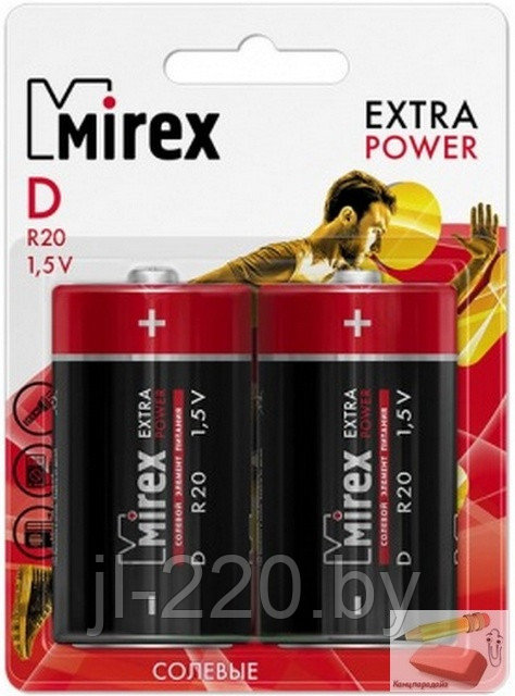 Батарейка солевая Mirex R20 / D 1,5V (2/12/96), в блистере по 2 штуки, цена за 1 штуку