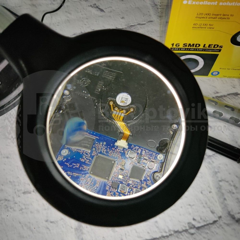 Светодиодная гибкая лупа-лампа 16 Led для паяния микросхем Третья рука TE-802 с двумя лупами 85мм2.5Х (21мм4Х) - фото 9 - id-p154997556