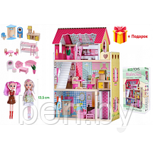 4120 Дом для кукол 3-х этажный, Кукольный домик ECO TOYS Malinowa 2, натуральное дерево