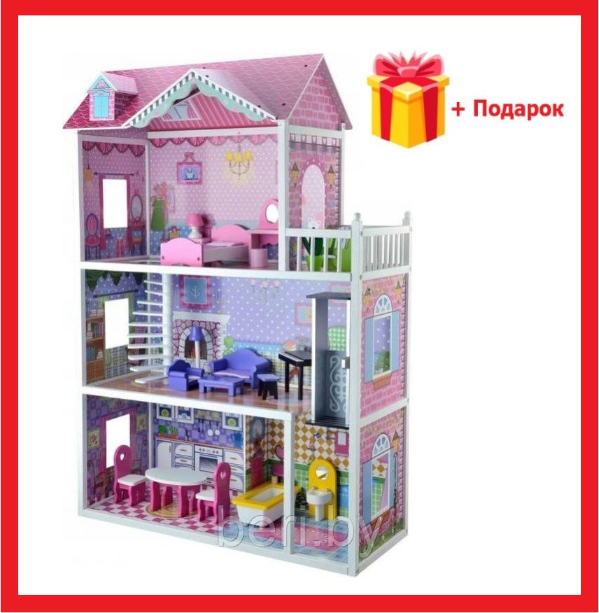 TL43004C Дом для кукол 3-х этажный Кукольный домик ECO TOYS Strawberry, натуральное дерево