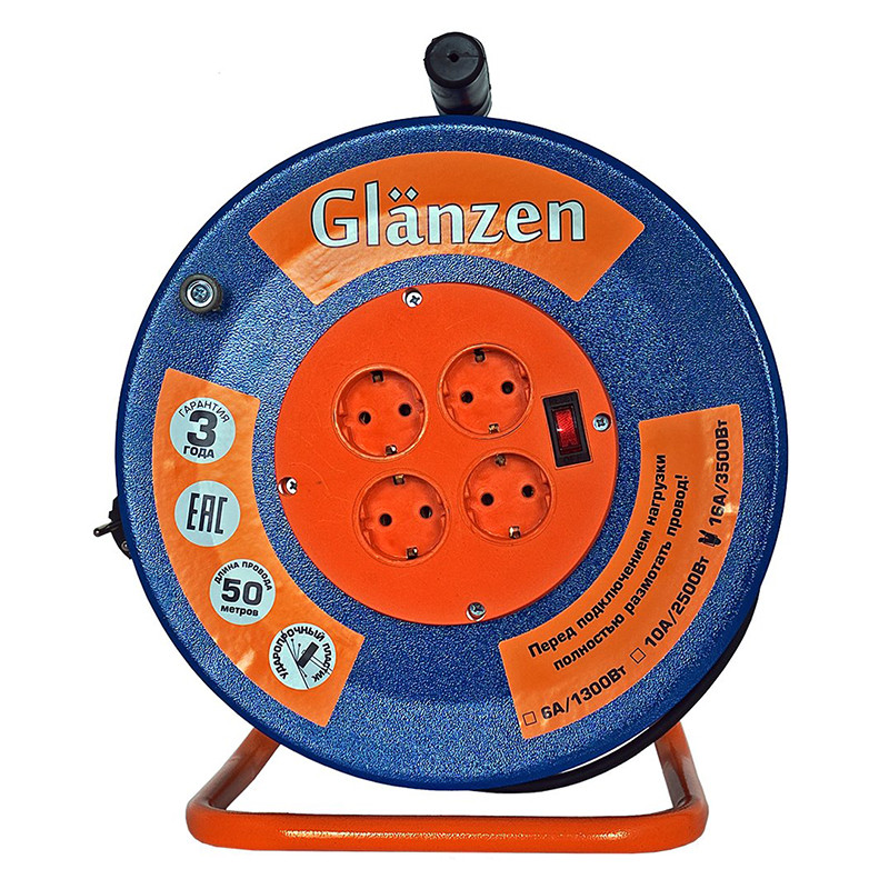 Удлинитель на катушке GLANZEN 4 гн. КГ 3х1,5 (50 м) - фото 1 - id-p64364304