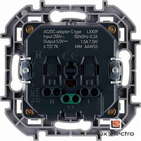 Розетка 2К+З немецкий стандарт 16 А 250 В со встроенным зарядным устройством USB C 1.5А 5В - Legrand INSPIRIA - фото 5 - id-p155116558
