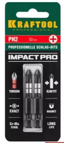 Биты KRAFTOOL Impact Pro, Philips, тип хвостовика E 1/4", PH2, 50мм, 2шт, на карточке