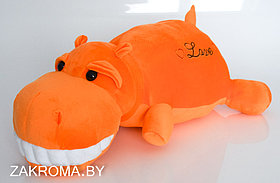 Бегемот мягкая игрушка подушка антистресс, длина 60 см, вышивка LOVE, цвет оранжевый