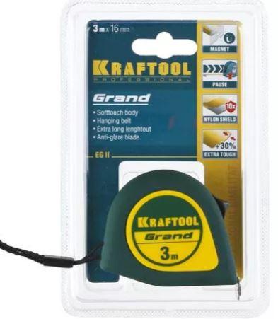 Рулетка KRAFTOOL GRAND, обрезиненный пластиковый корпус, 3м/16мм