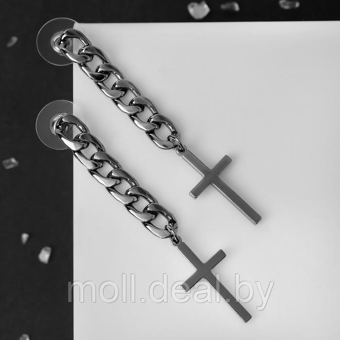 Серьги металл "Цепь" с крестиком, цвет серый металл - фото 1 - id-p155205635