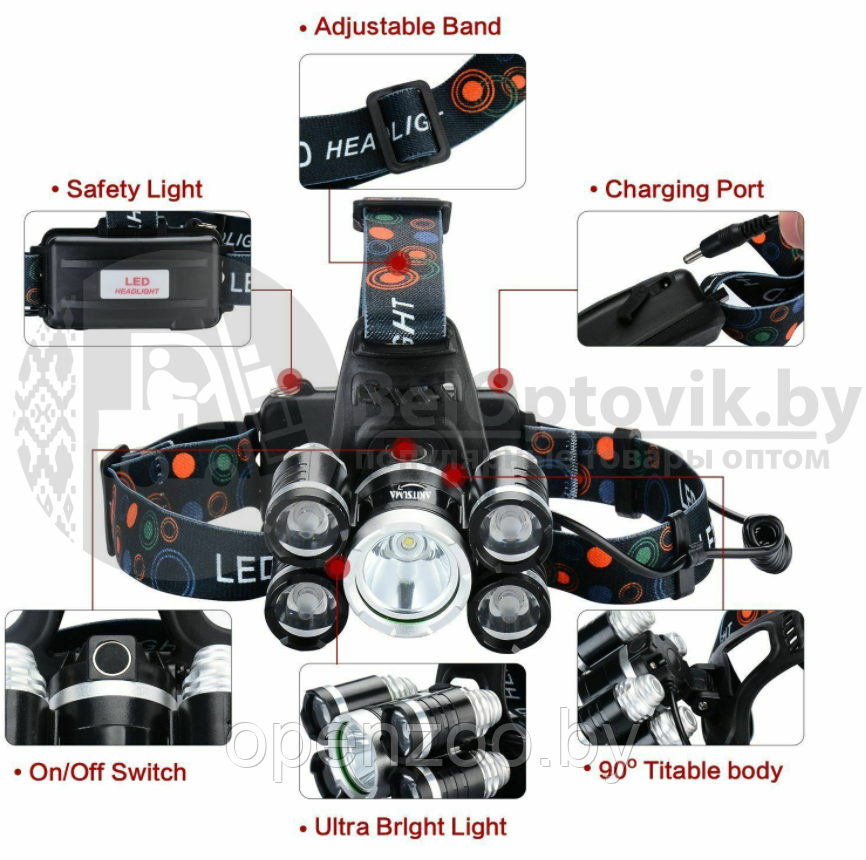 Налобный аккумуляторный фонарь Five Source - 3008 LED 5 мощных светодиодов (1хТ6, 4хХРЕ) - фото 2 - id-p156096431