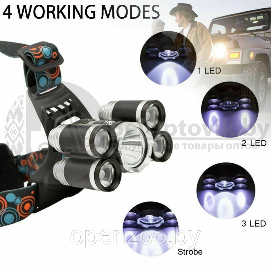 Налобный аккумуляторный фонарь Five Source - 3008 LED 5 мощных светодиодов (1хТ6, 4хХРЕ) - фото 7 - id-p156096431