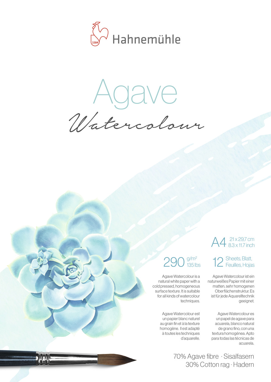 Бумага акварельная Agave, A4, 12 л, 290 г/м, 70% агава, 30% хлопок, склейка, хол. пресс, среднее зерно