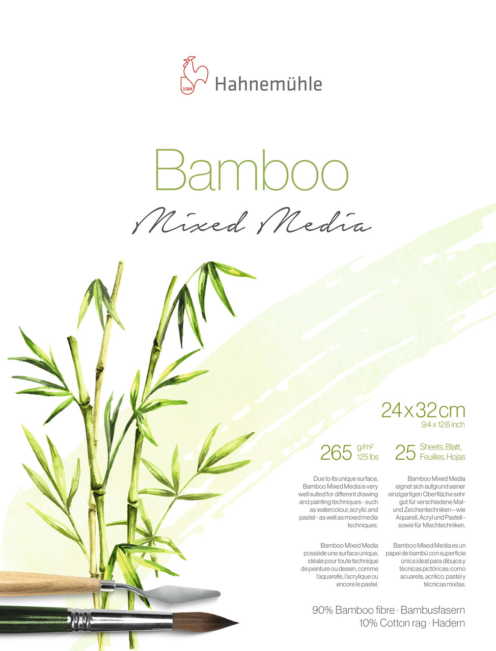 Бумага Bamboo Mixed Media, 24 x 32 см, 25 листов, 265 г/м, 90% бамбук, 10% хлопок, склейка
