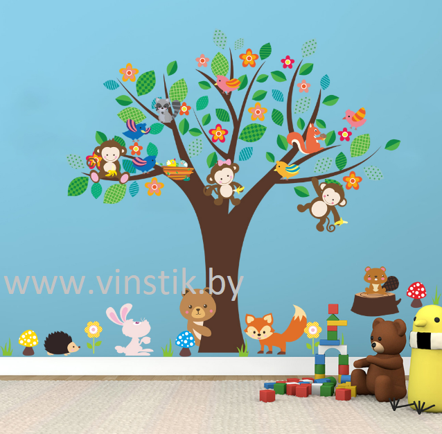 Наклейка на стену для детского комнаты «Деревце с птичками и зверюшками XL»
